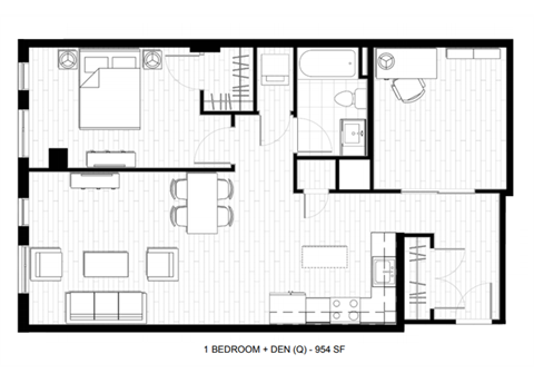 Floor plan for 1 bed, 1 bath, 954 sqft